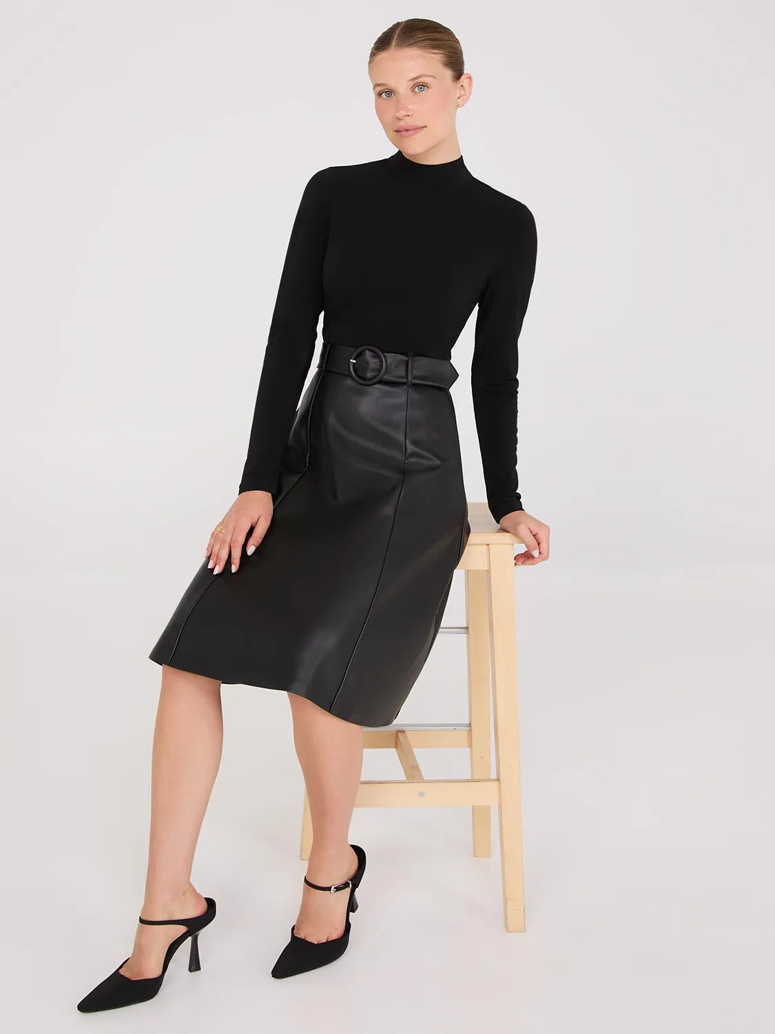 2-Fer Mock Neck Faux Leather Dress