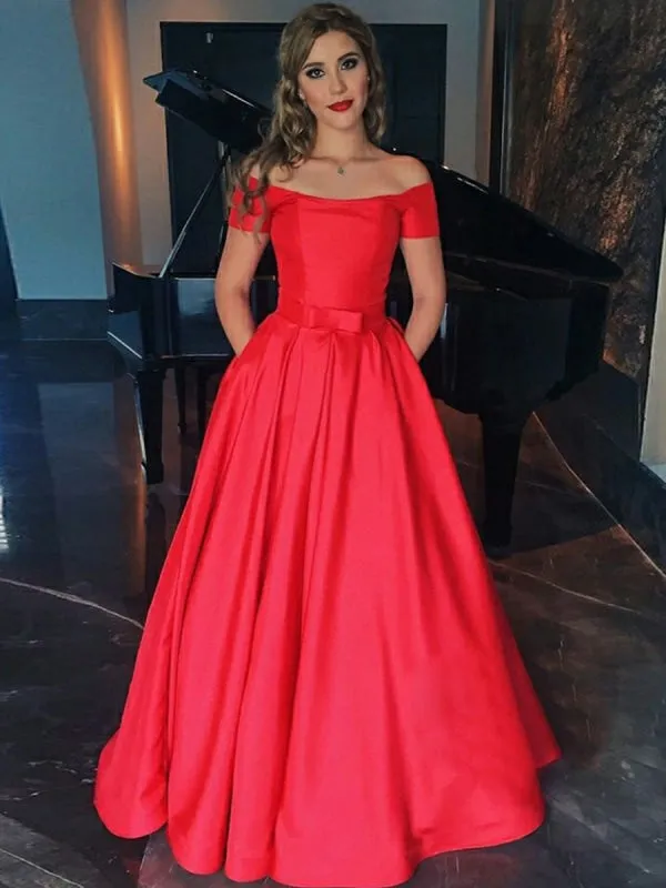 A Line Off Shoulder Red Satin Long Prom, Red Off Shoulder Formal, Red Evening