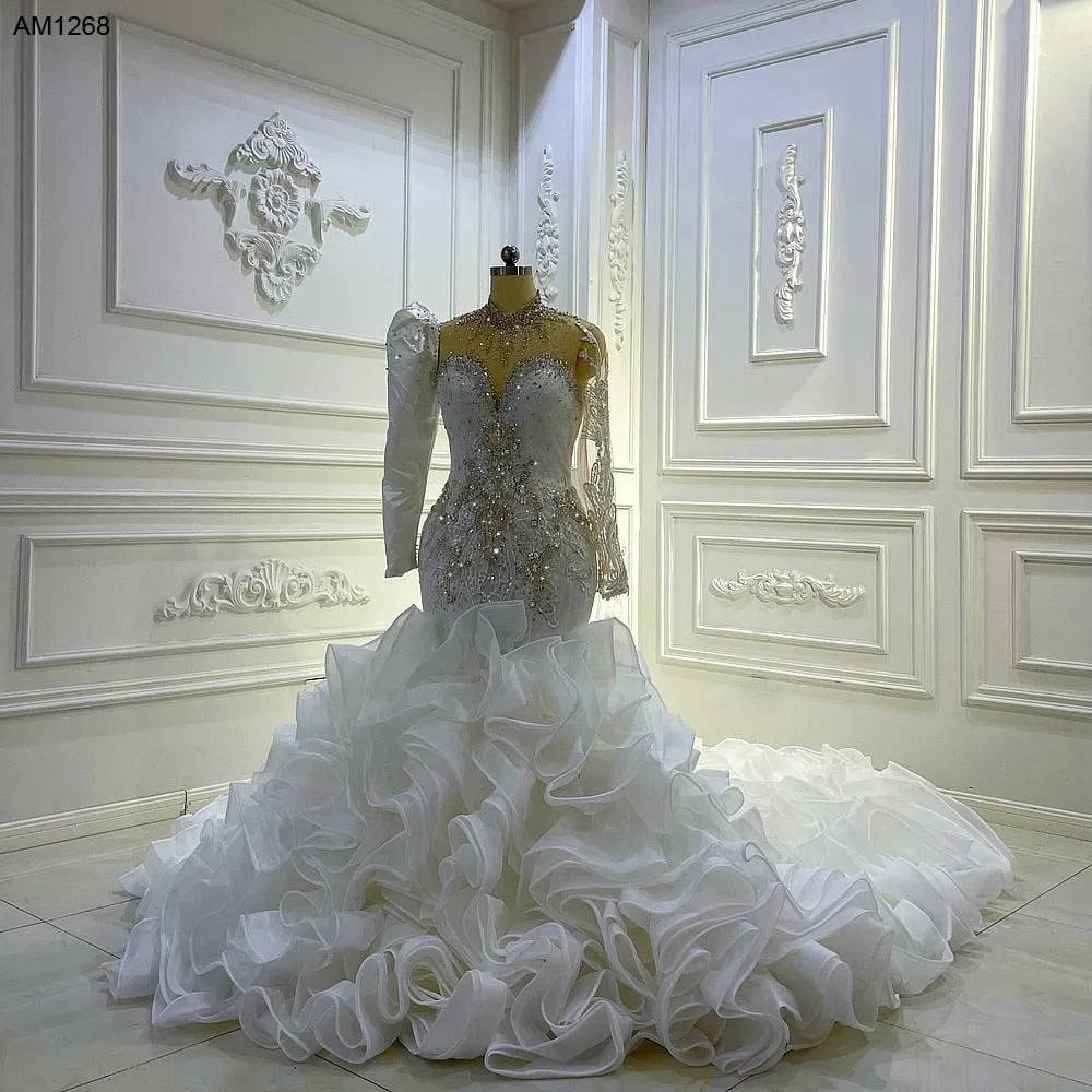 AM1268 Long Sleeve Ruffle Trumpet crystal beaded Luxury long sleeve Wedding Dress