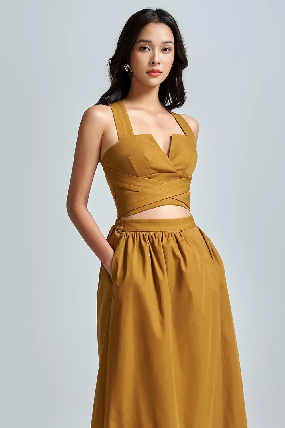 Anne A-line Gathered Khaki Midi Skirt