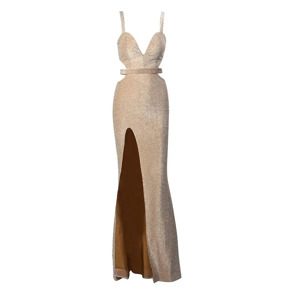 Apricot Tube Top Cut Out Slim Split Reflective Fabric Maxi Dress