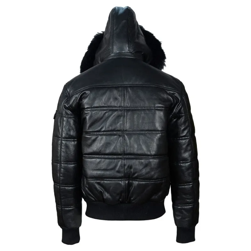 Mens Ash Black Hooded Puffer Leather Jacket with Luxurious Fur Trim