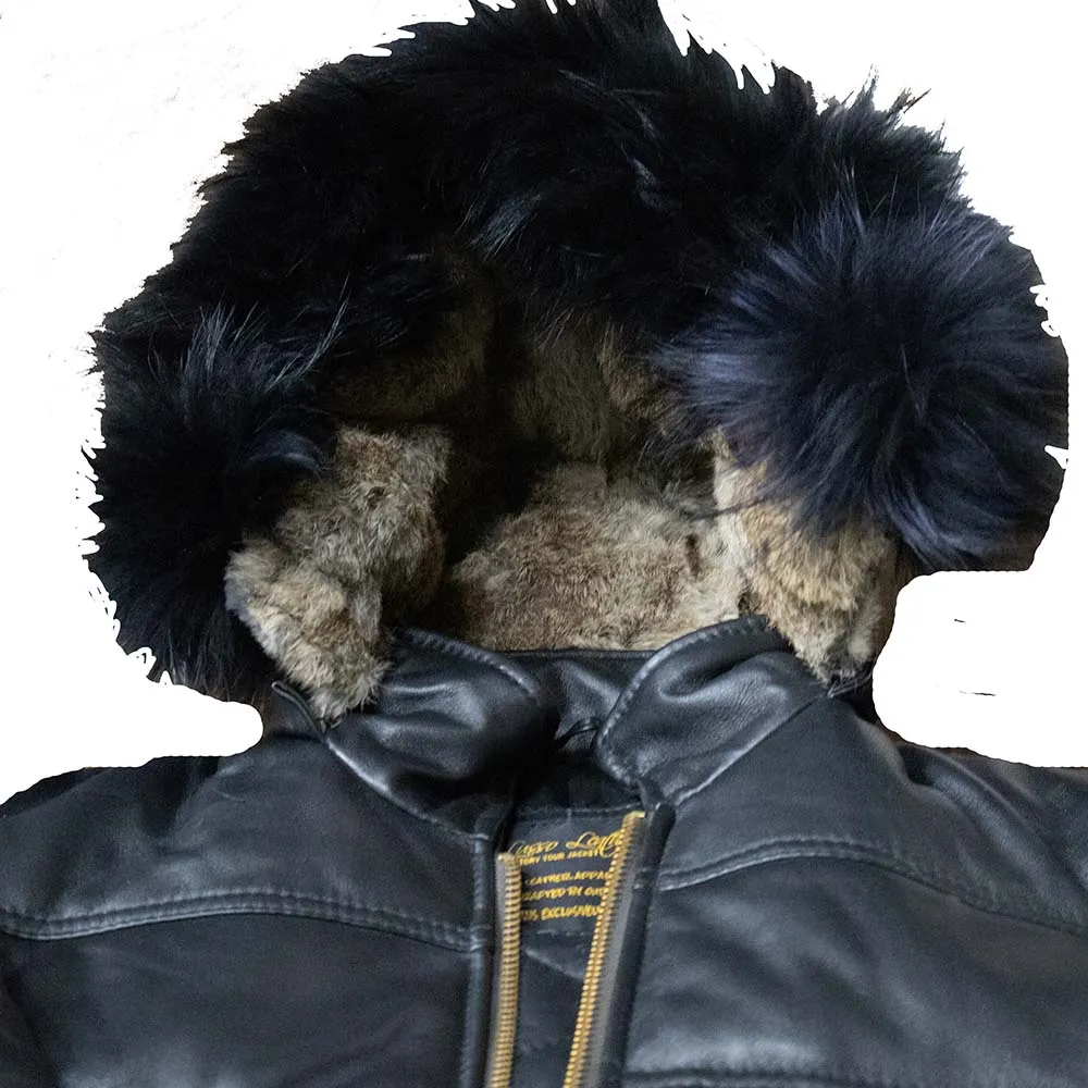 Mens Ash Black Hooded Puffer Leather Jacket with Luxurious Fur Trim