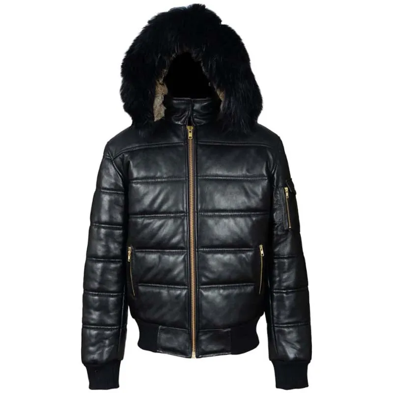 Mens Ash Black Hooded Puffer Leather Jacket with Luxurious Fur Trim