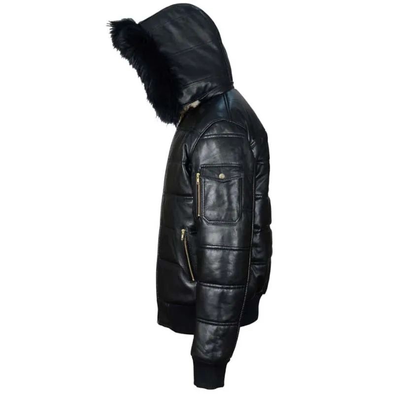 Mens Ash Black Hooded Puffer Leather Jacket with Luxurious Fur Trim