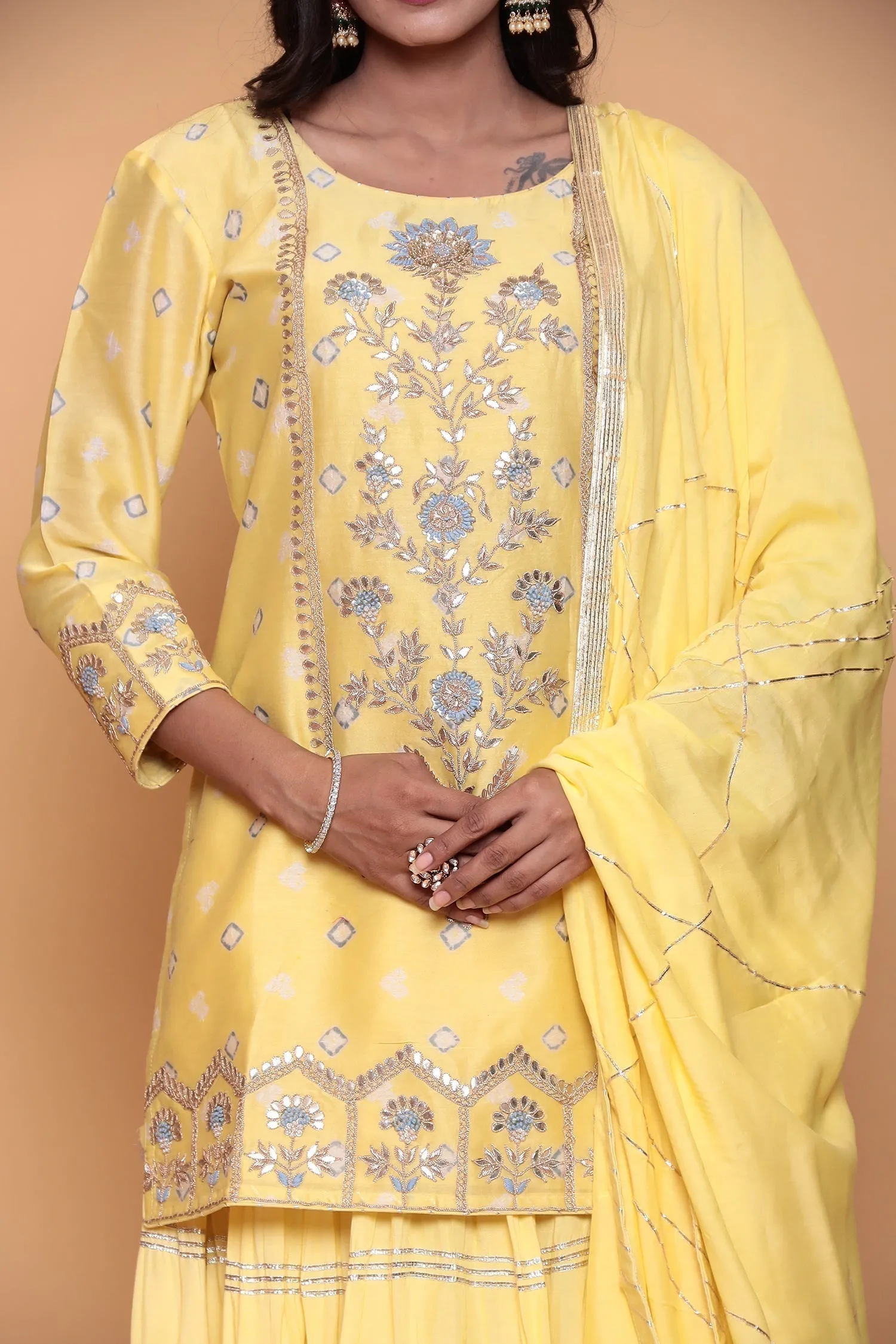 Bandhej Cotton silk Kurta with Gota Patti, Thread work.