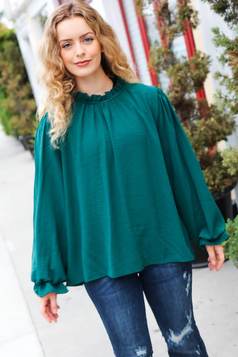 Be Merry Hunter Green Frill Mock Neck Crinkle Top