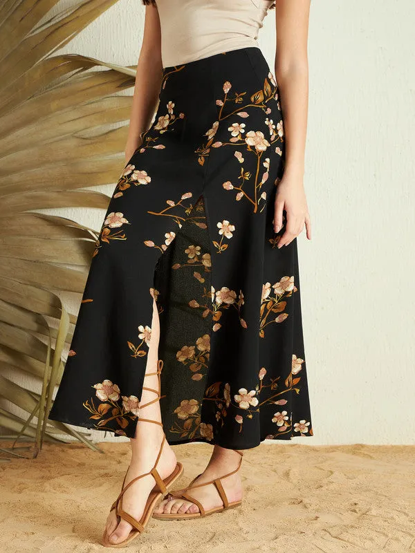 Berrylush Women Black & Beige Floral Printed High-Rise Waist Straight Hem Thigh-High Slit A-Line Midi Skirt