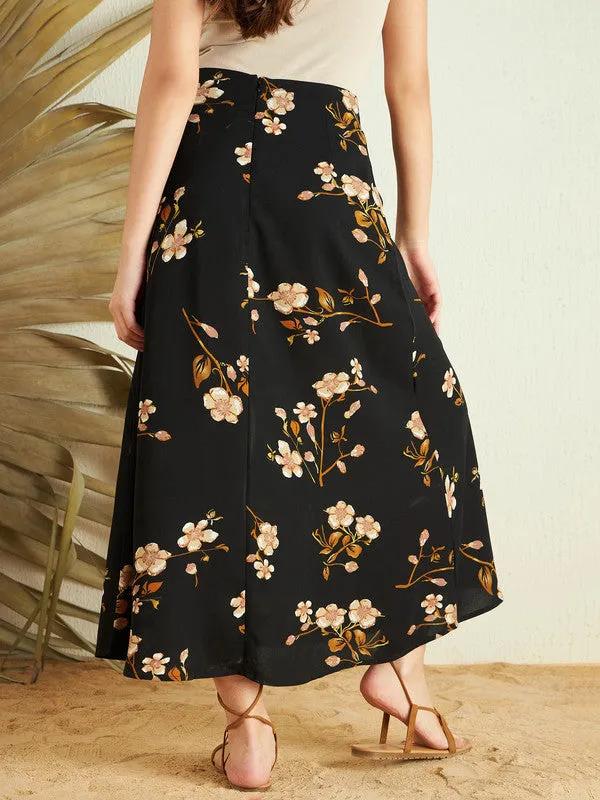 Berrylush Women Black & Beige Floral Printed High-Rise Waist Straight Hem Thigh-High Slit A-Line Midi Skirt