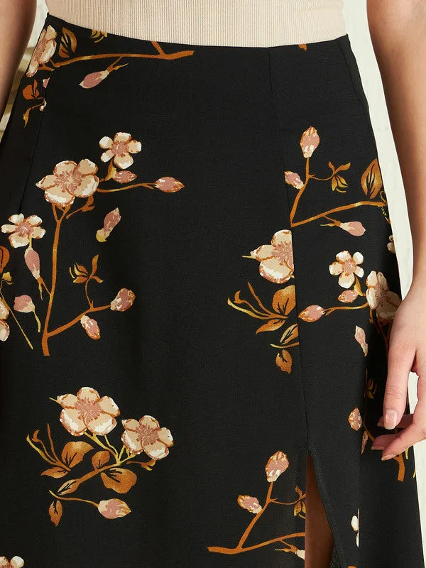 Berrylush Women Black & Beige Floral Printed High-Rise Waist Straight Hem Thigh-High Slit A-Line Midi Skirt