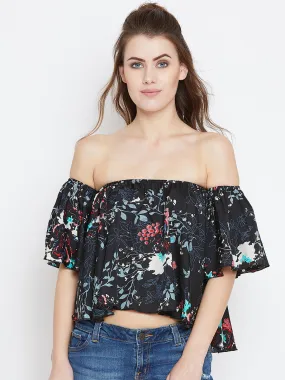 Berrylush Women Black & Multicoloured Floral Printed Off-Shoulder Neck Ruffled Crop Bardot Top