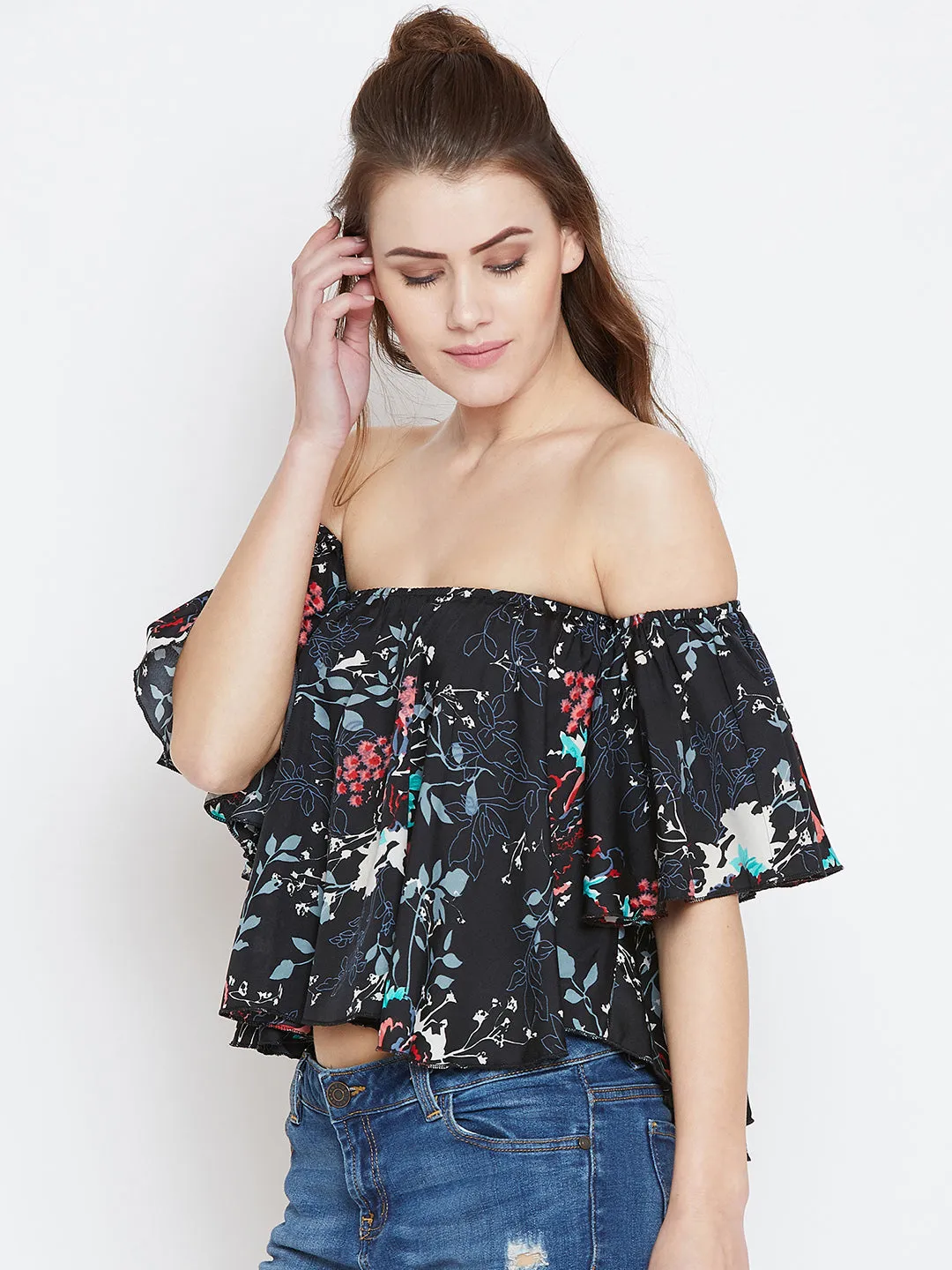 Berrylush Women Black & Multicoloured Floral Printed Off-Shoulder Neck Ruffled Crop Bardot Top