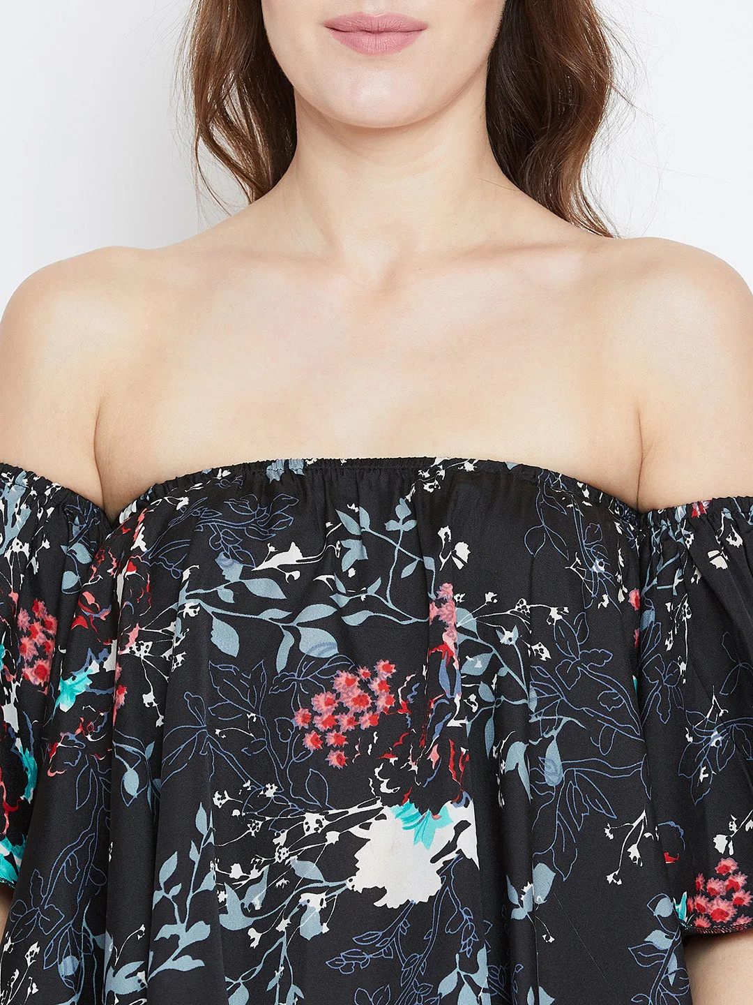 Berrylush Women Black & Multicoloured Floral Printed Off-Shoulder Neck Ruffled Crop Bardot Top