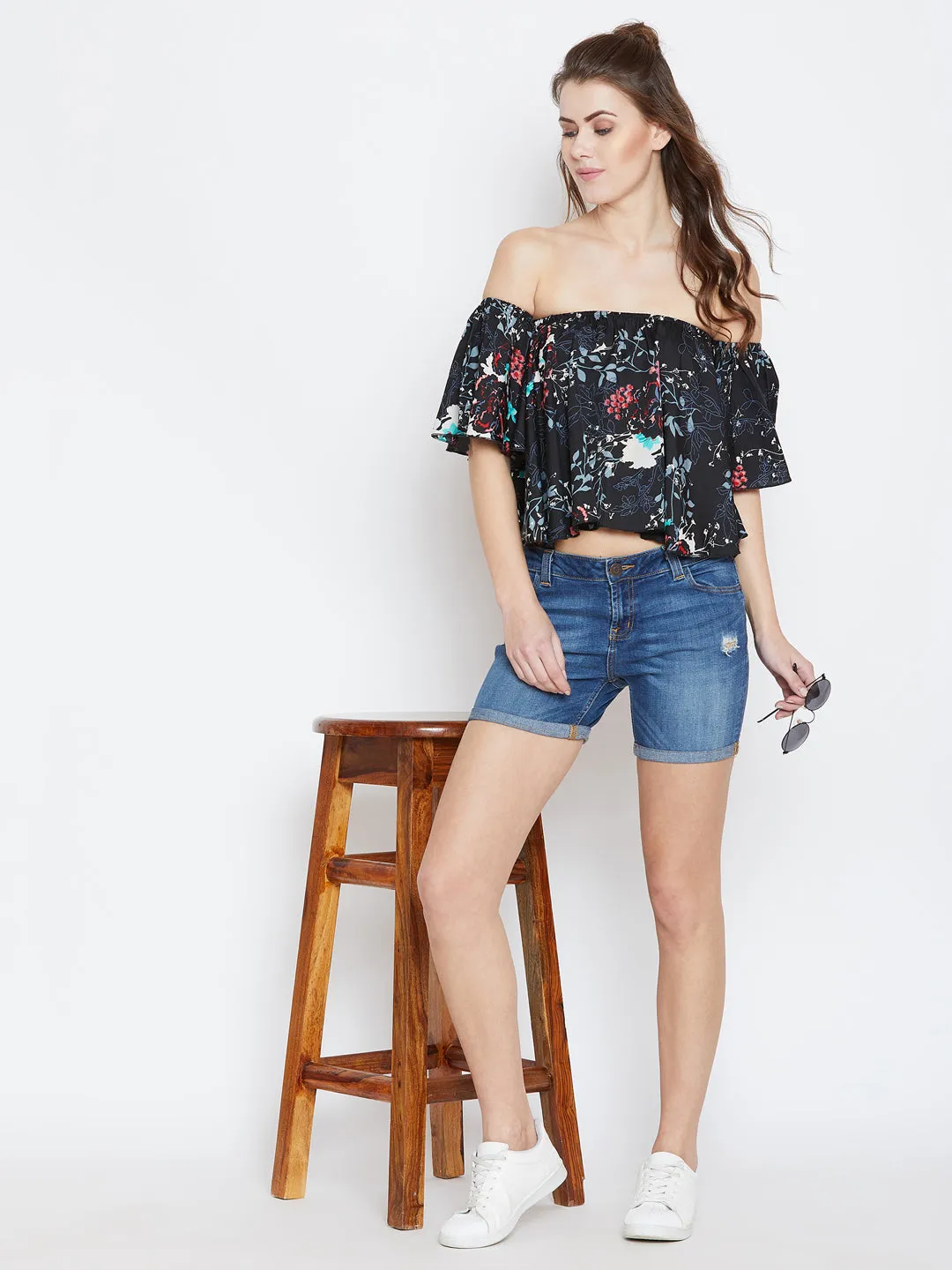 Berrylush Women Black & Multicoloured Floral Printed Off-Shoulder Neck Ruffled Crop Bardot Top