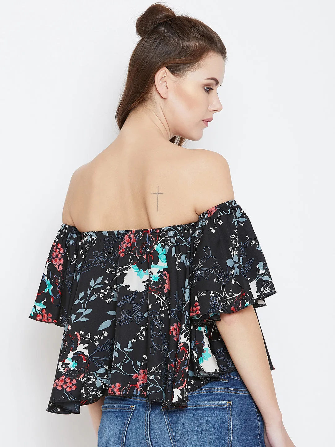 Berrylush Women Black & Multicoloured Floral Printed Off-Shoulder Neck Ruffled Crop Bardot Top