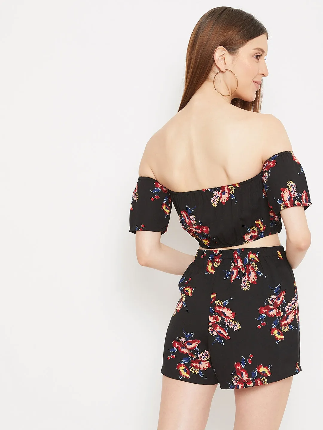 Berrylush Women Black Floral Printed Off-the-Shoulder Crop Top & Shorts Jumpsuit