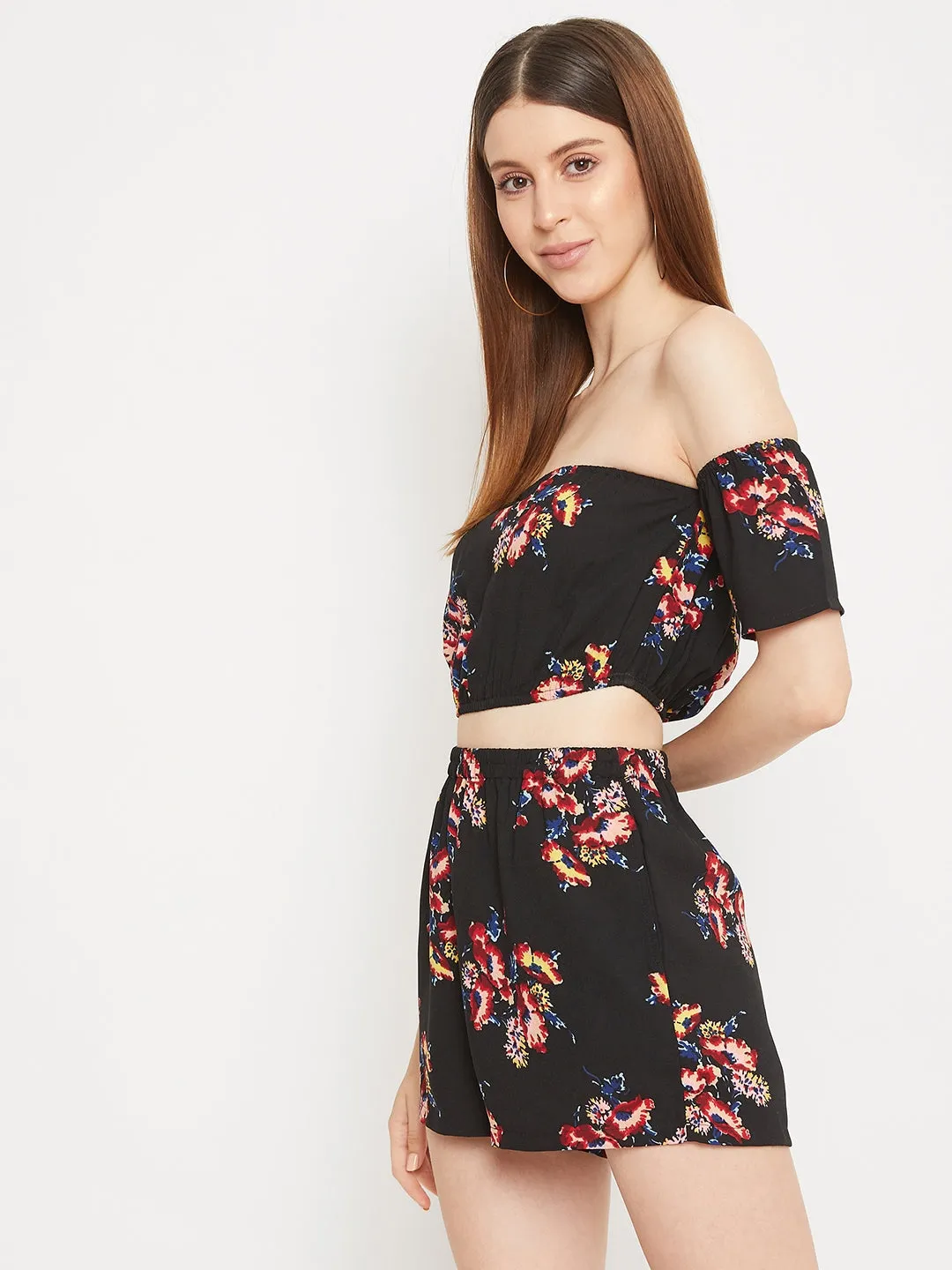 Berrylush Women Black Floral Printed Off-the-Shoulder Crop Top & Shorts Jumpsuit