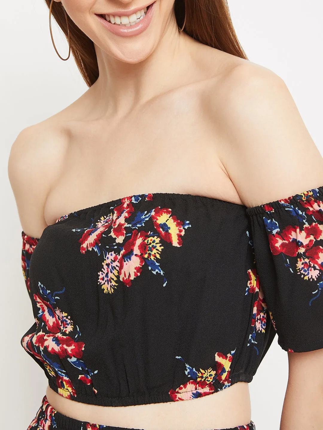 Berrylush Women Black Floral Printed Off-the-Shoulder Crop Top & Shorts Jumpsuit