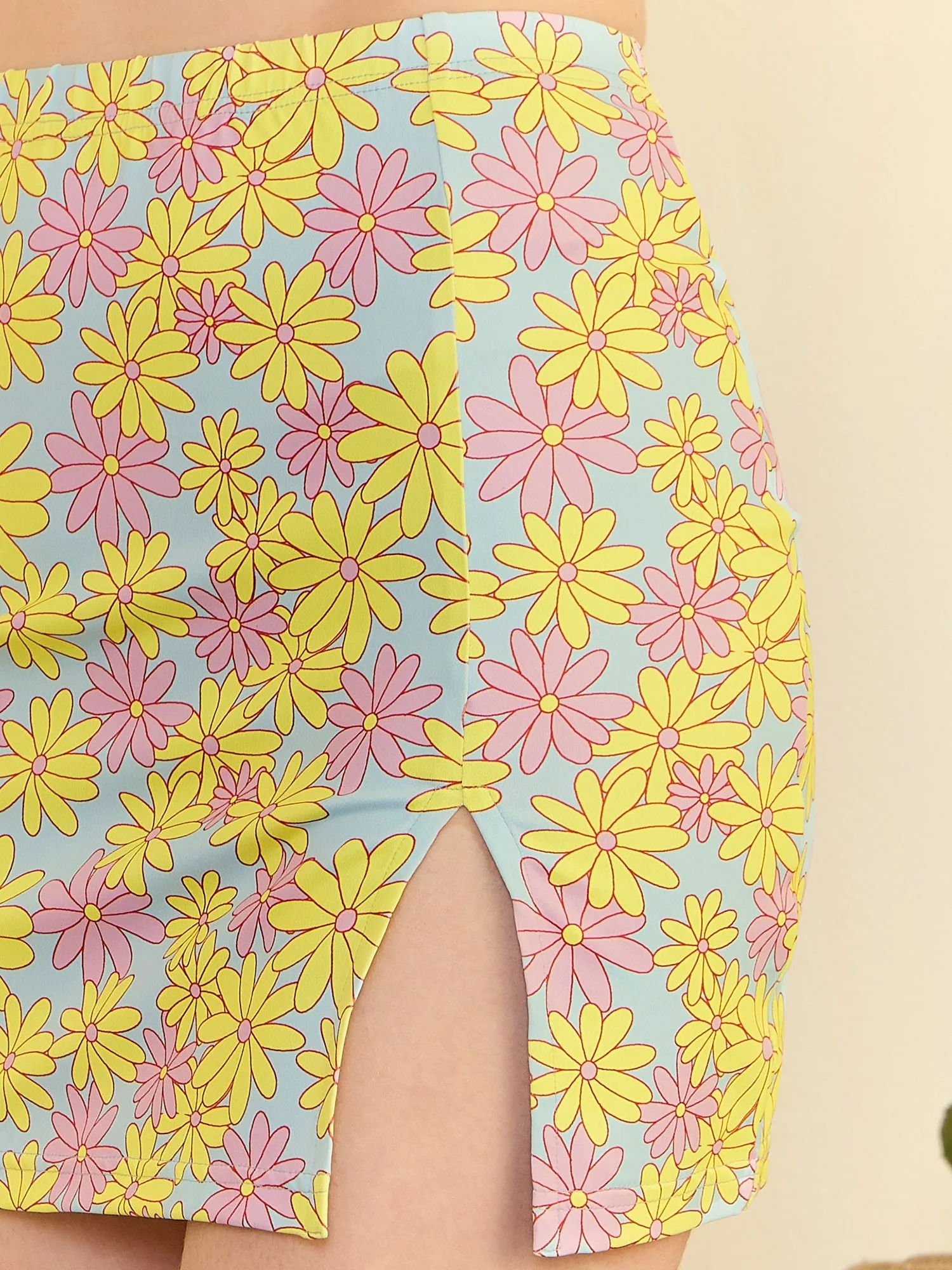 Floral Printed High-Rise Knitted Mini Skirt with Side Slit in Blue, Yellow, and Pink for Women by Berrylush