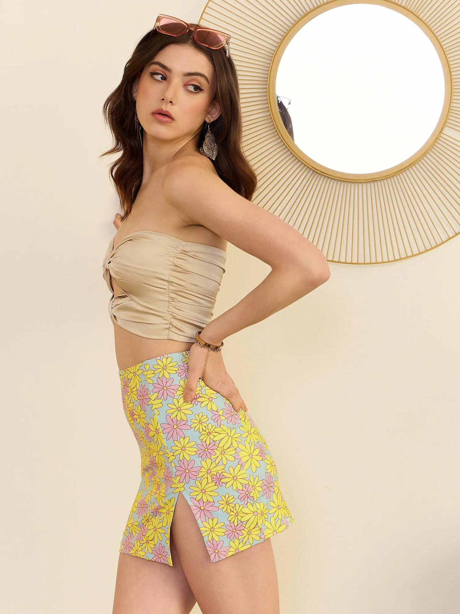 Floral Printed High-Rise Knitted Mini Skirt with Side Slit in Blue, Yellow, and Pink for Women by Berrylush