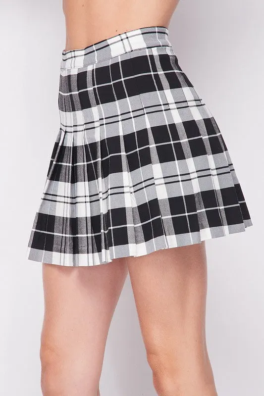 Black and White Plaid Pleated Mini Skirt