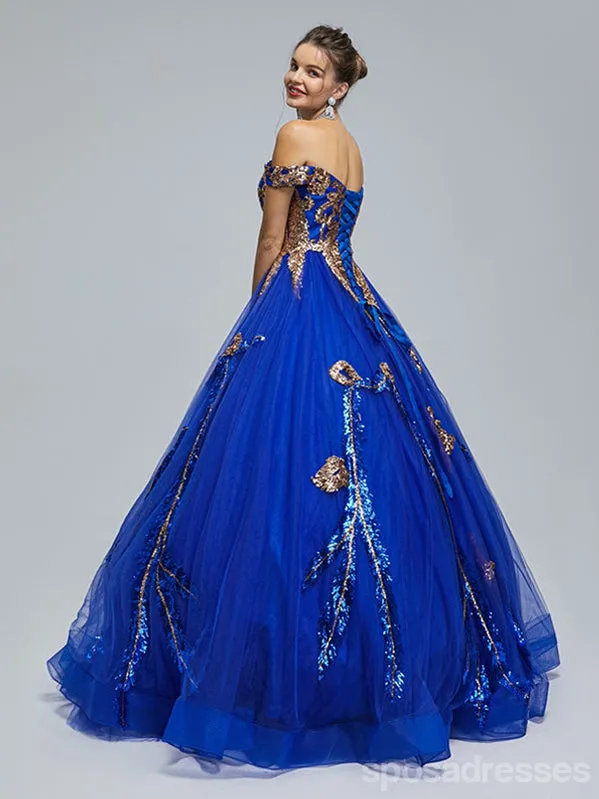 Blue A-line Off Shoulder Sleeveless Cheap Long Prom Dresses Online,13053