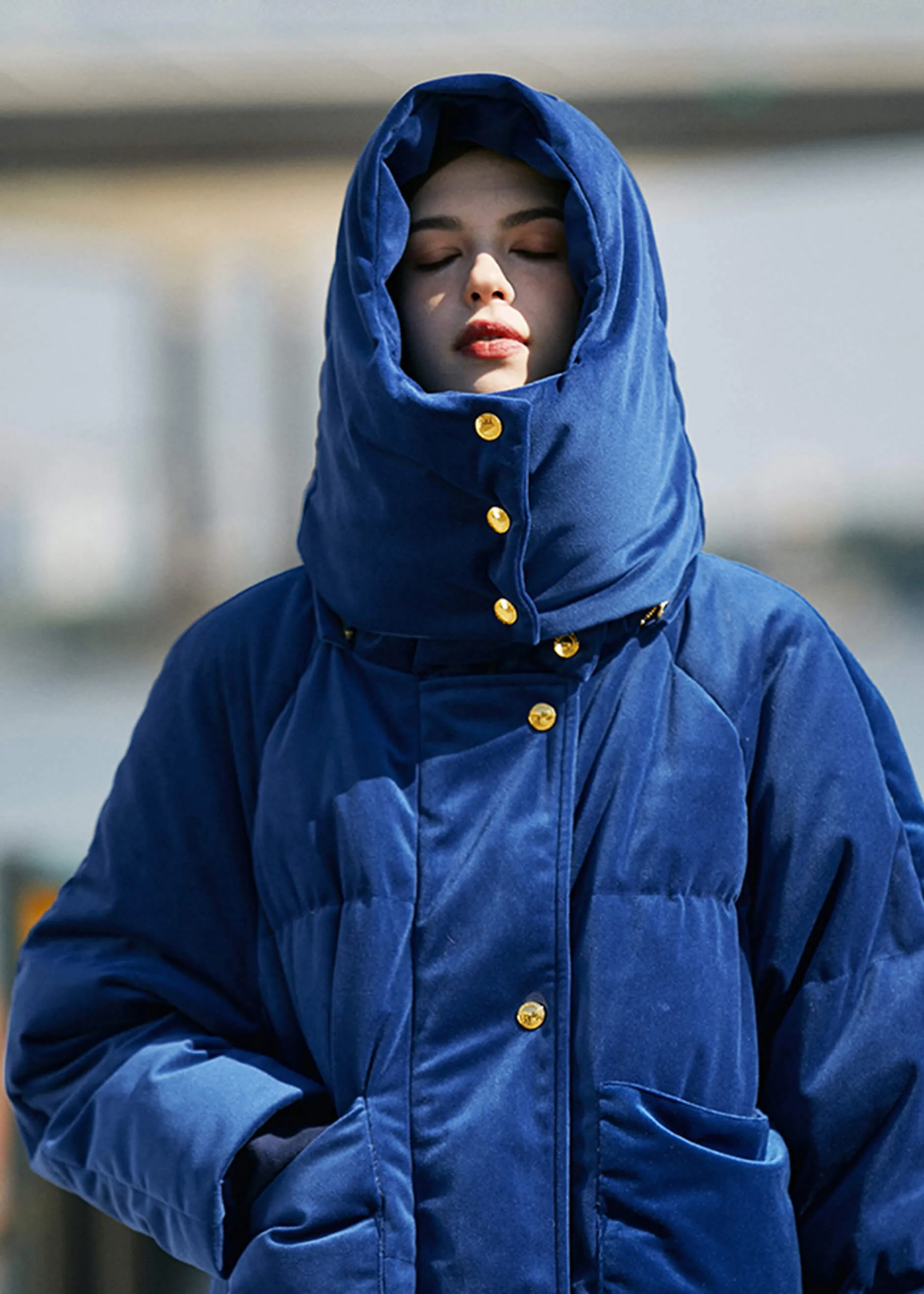 Blue Velvet Hooded Long Down Puffer Parka Coat