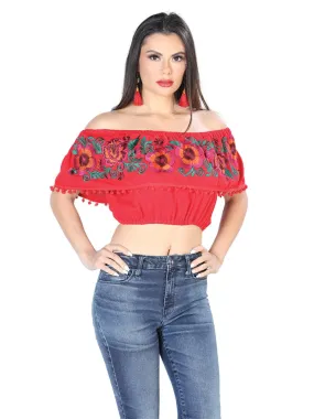 Blusa Corta Artesanal de Olan Bordada de Flores para Mujer