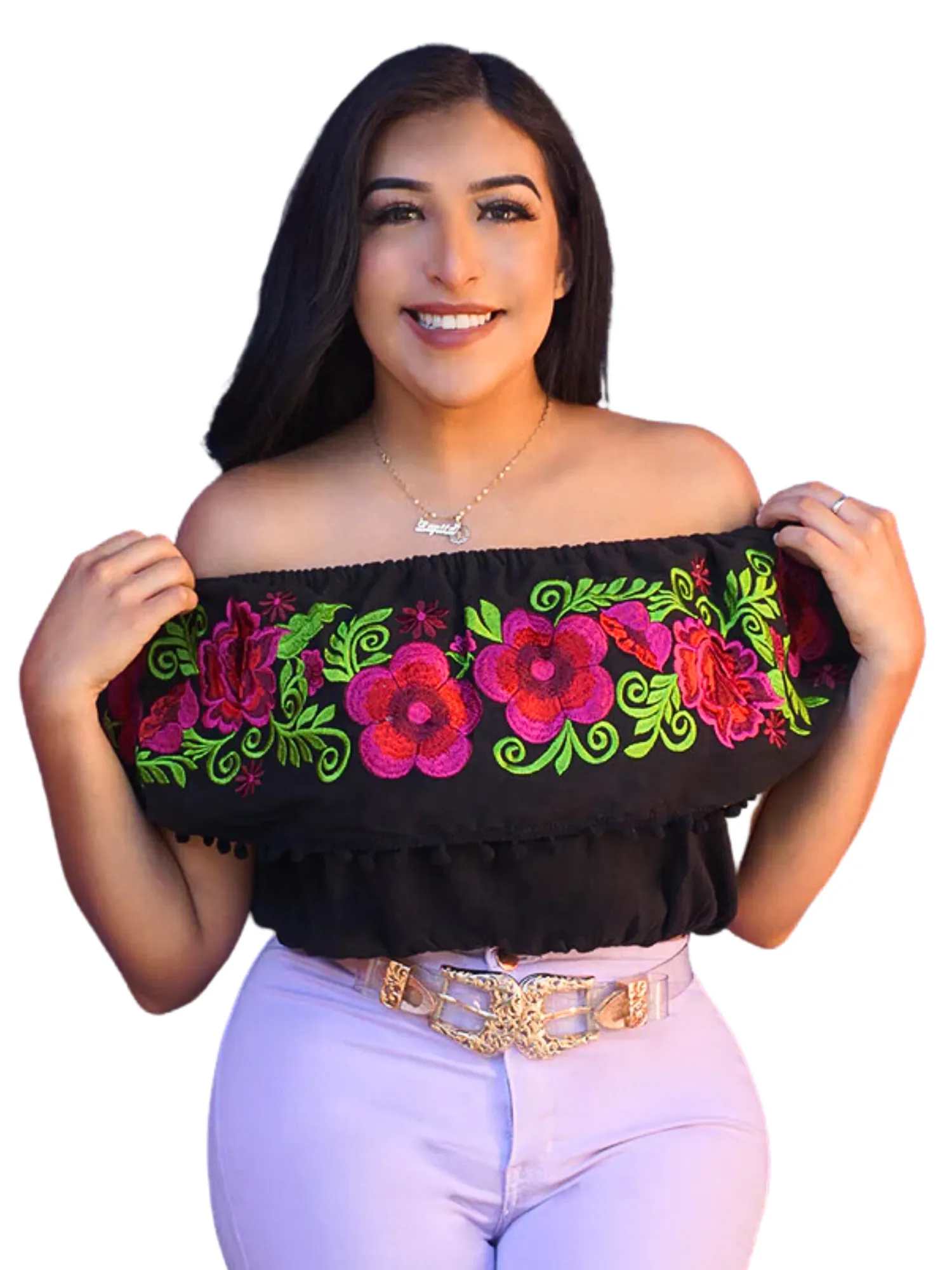 Blusa Corta Artesanal de Olan Bordada de Flores para Mujer