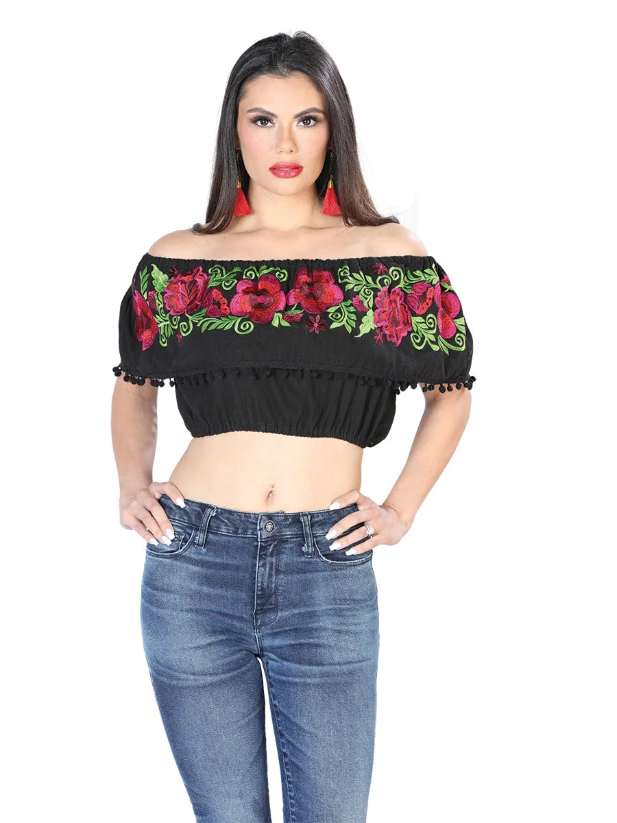 Blusa Corta Artesanal de Olan Bordada de Flores para Mujer