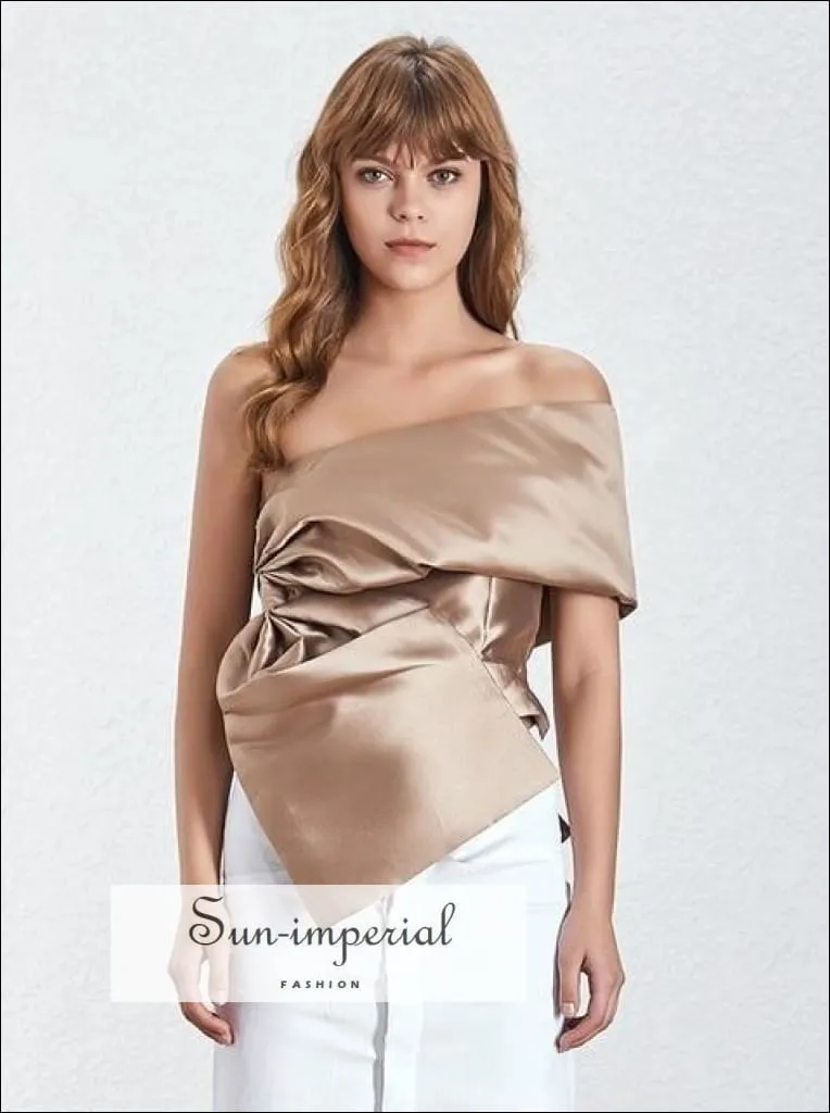 Bordeaux Top- Elegant Satin Cold Shoulder Blouse Asymmetrical Solid Black Silver Gold top