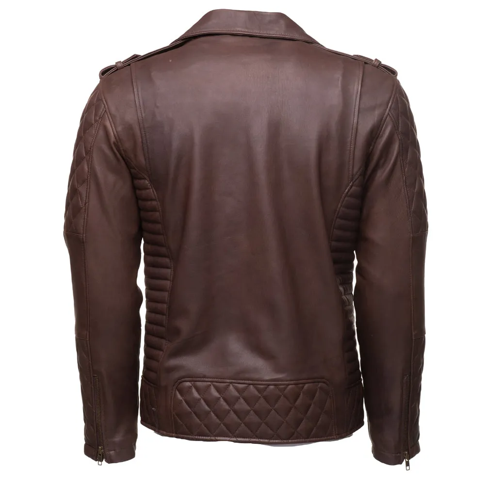 Brown Quilted Biker leather jacket with diamond stitching details