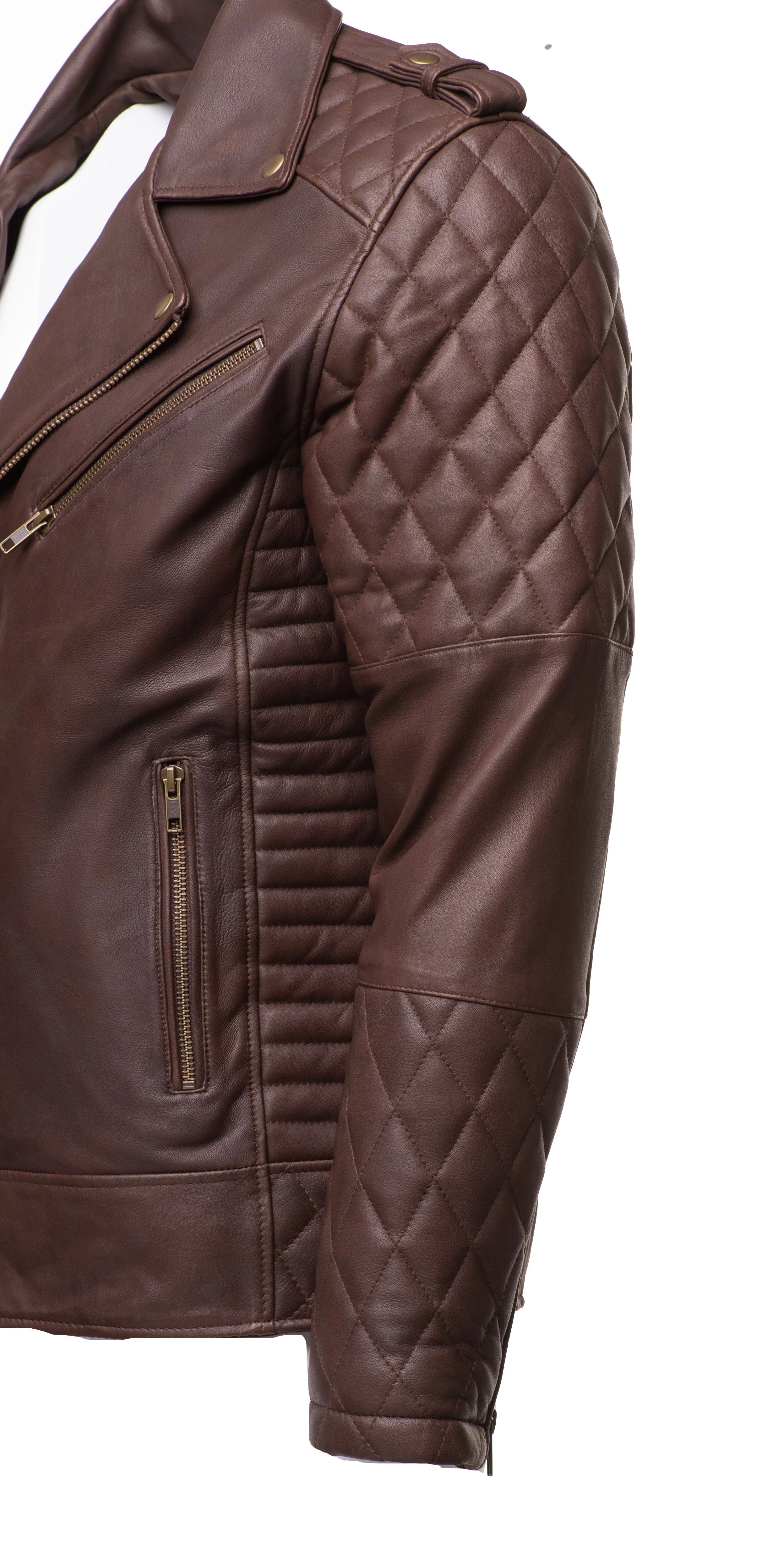 Brown Quilted Biker leather jacket with diamond stitching details