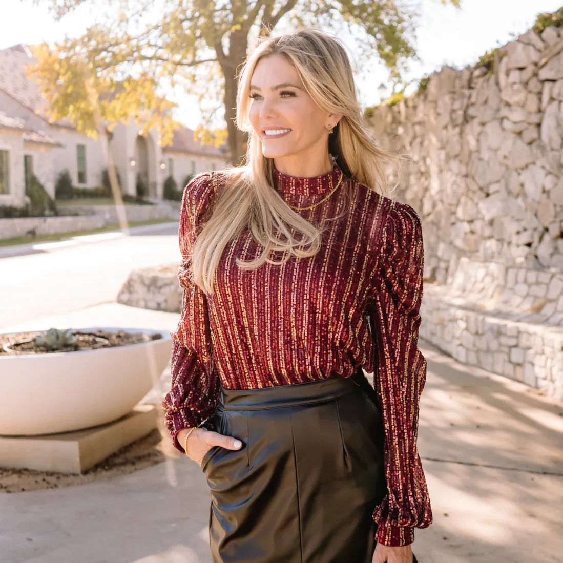 Burgundy Blow Out Sequined Mock Neck Top