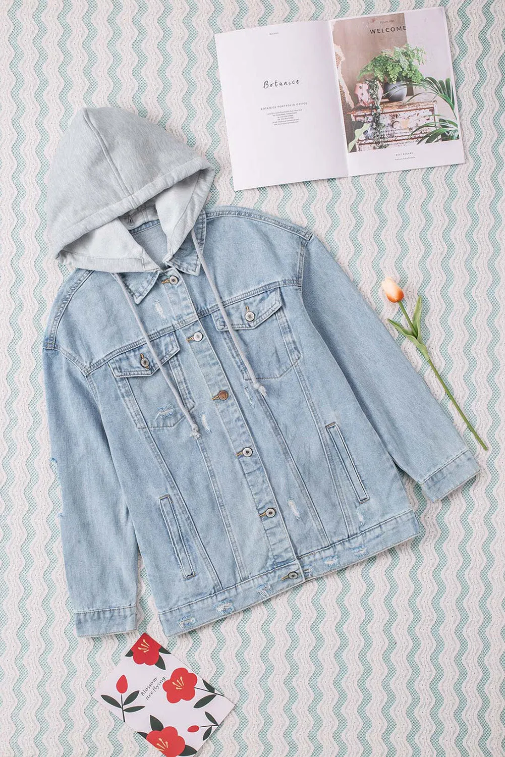 Button Closure Ripped Hooded Denim Jacket