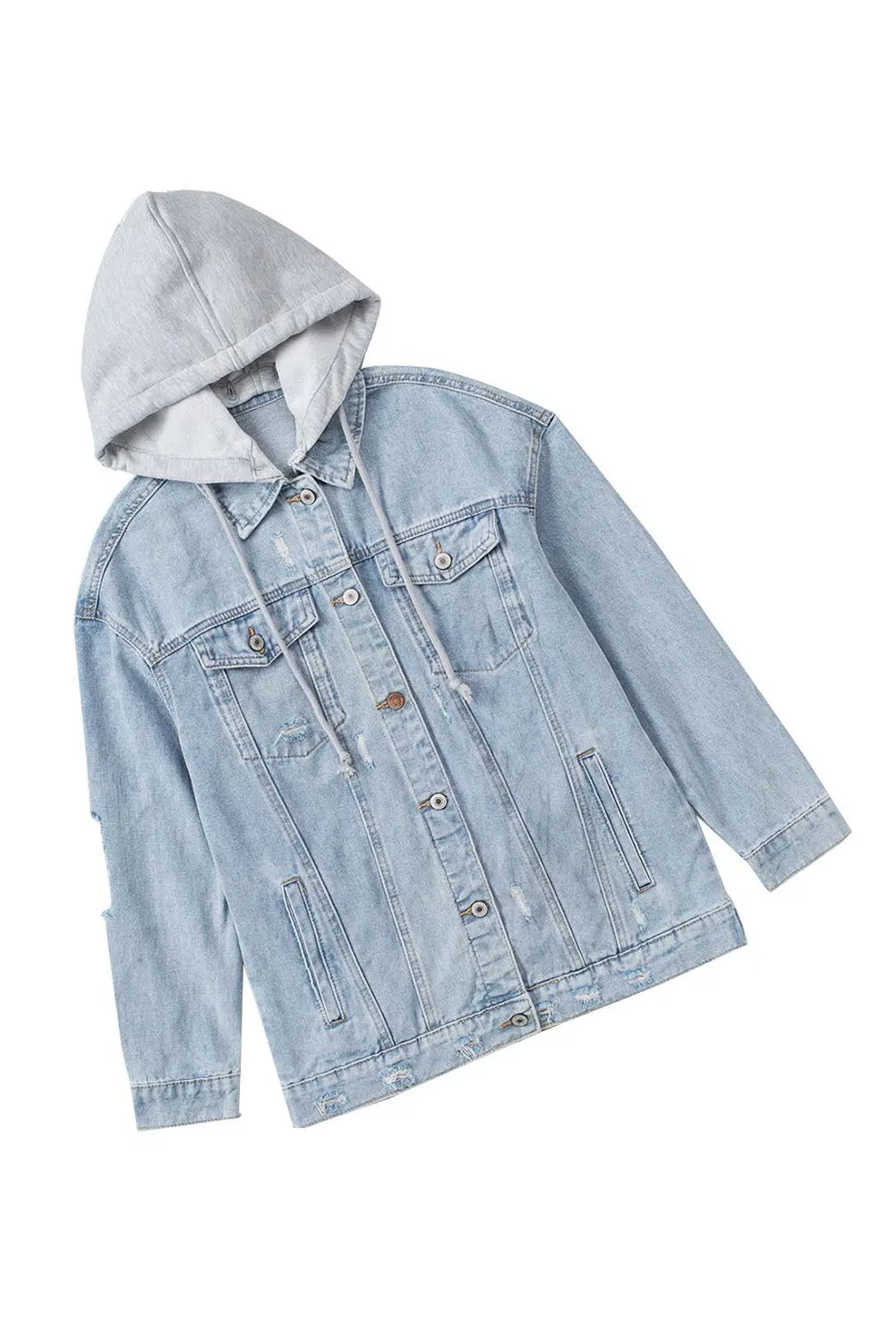 Button Closure Ripped Hooded Denim Jacket