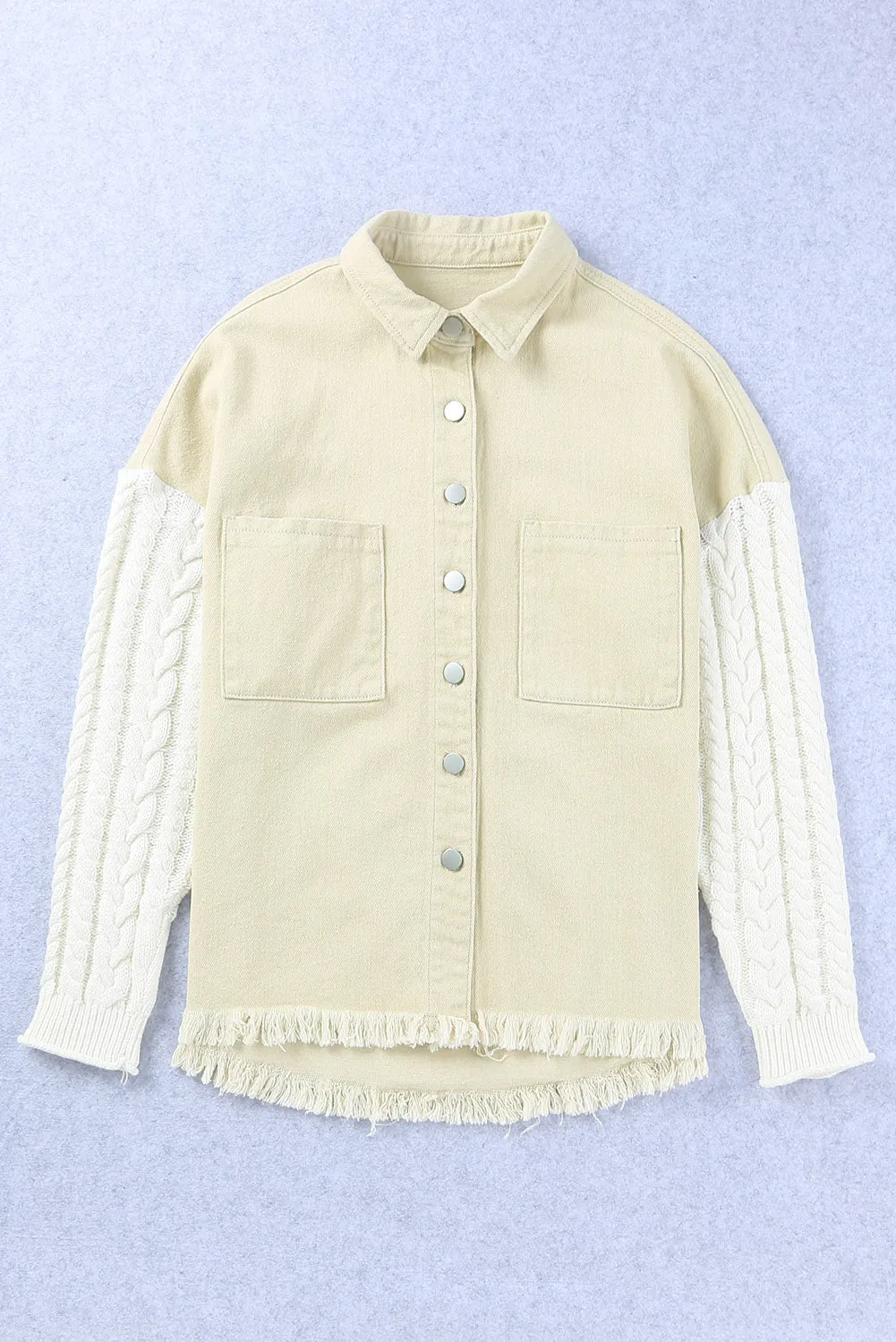 Cable Knit Sleeves Raw Hem Denim Jacket