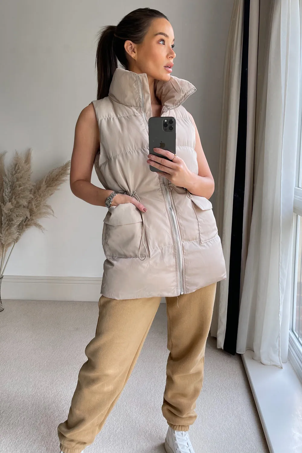 Cecelia Beige Longline Puffer Drawstring Gilet