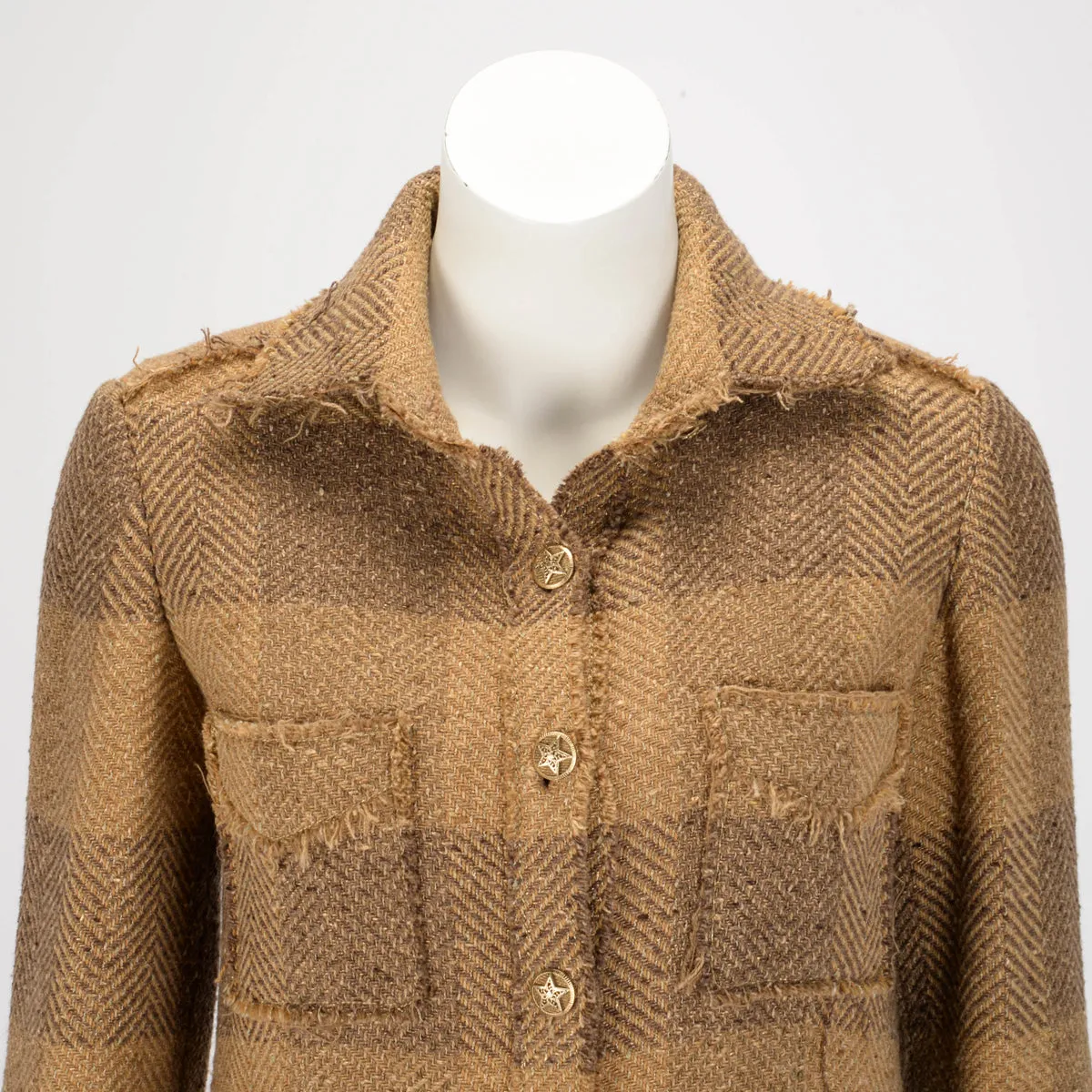 Chanel Brown Chevron Tweed Shirt Jacket FR 34