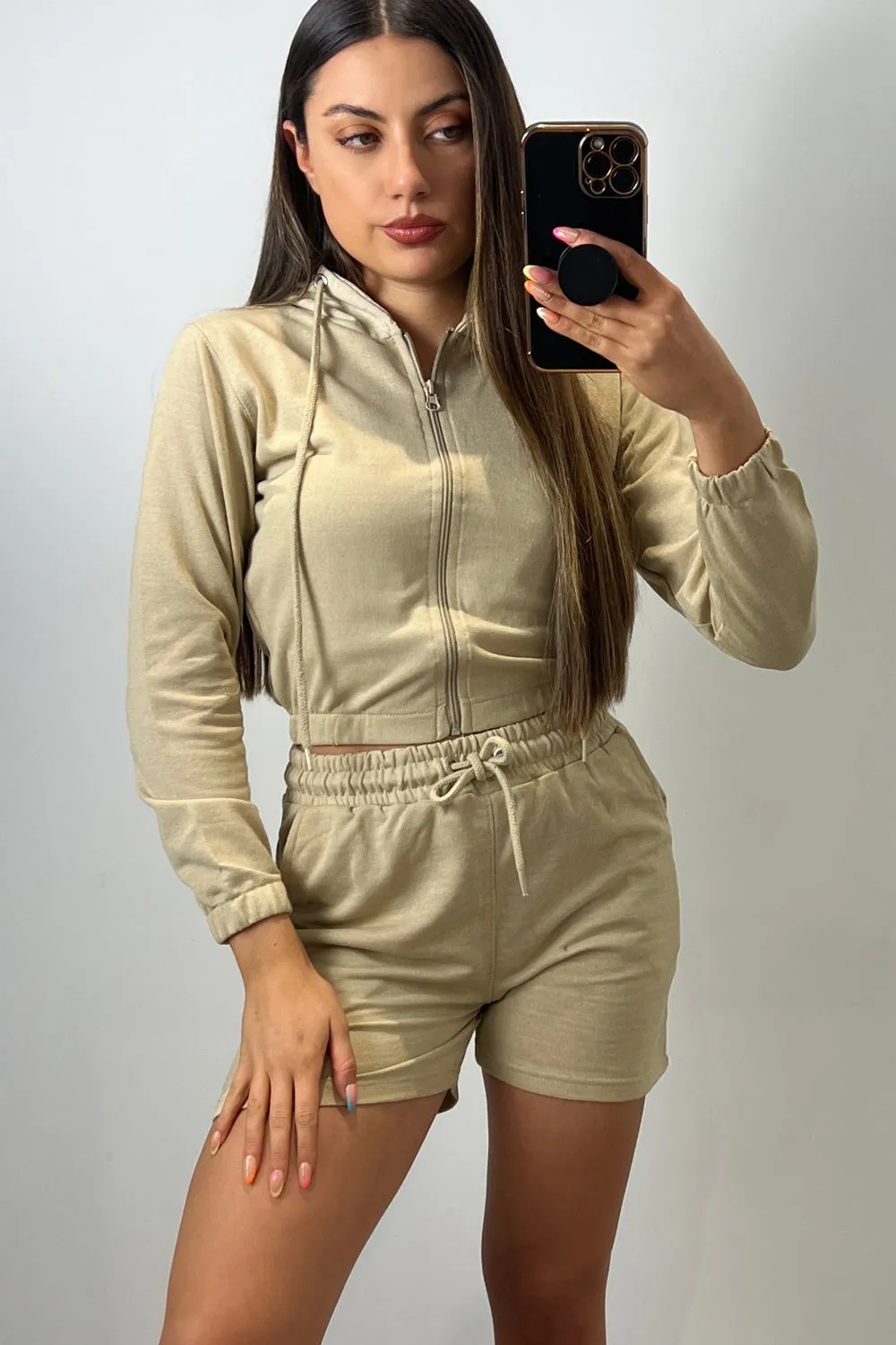 Chantel Beige 3 Piece Hoodie & Short Loungewear Set