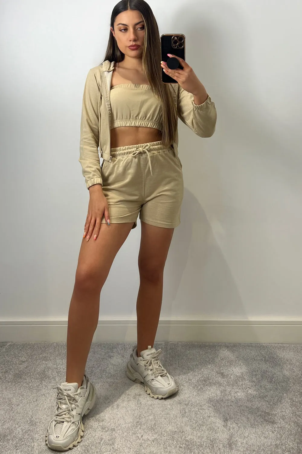 Chantel Beige 3 Piece Hoodie & Short Loungewear Set