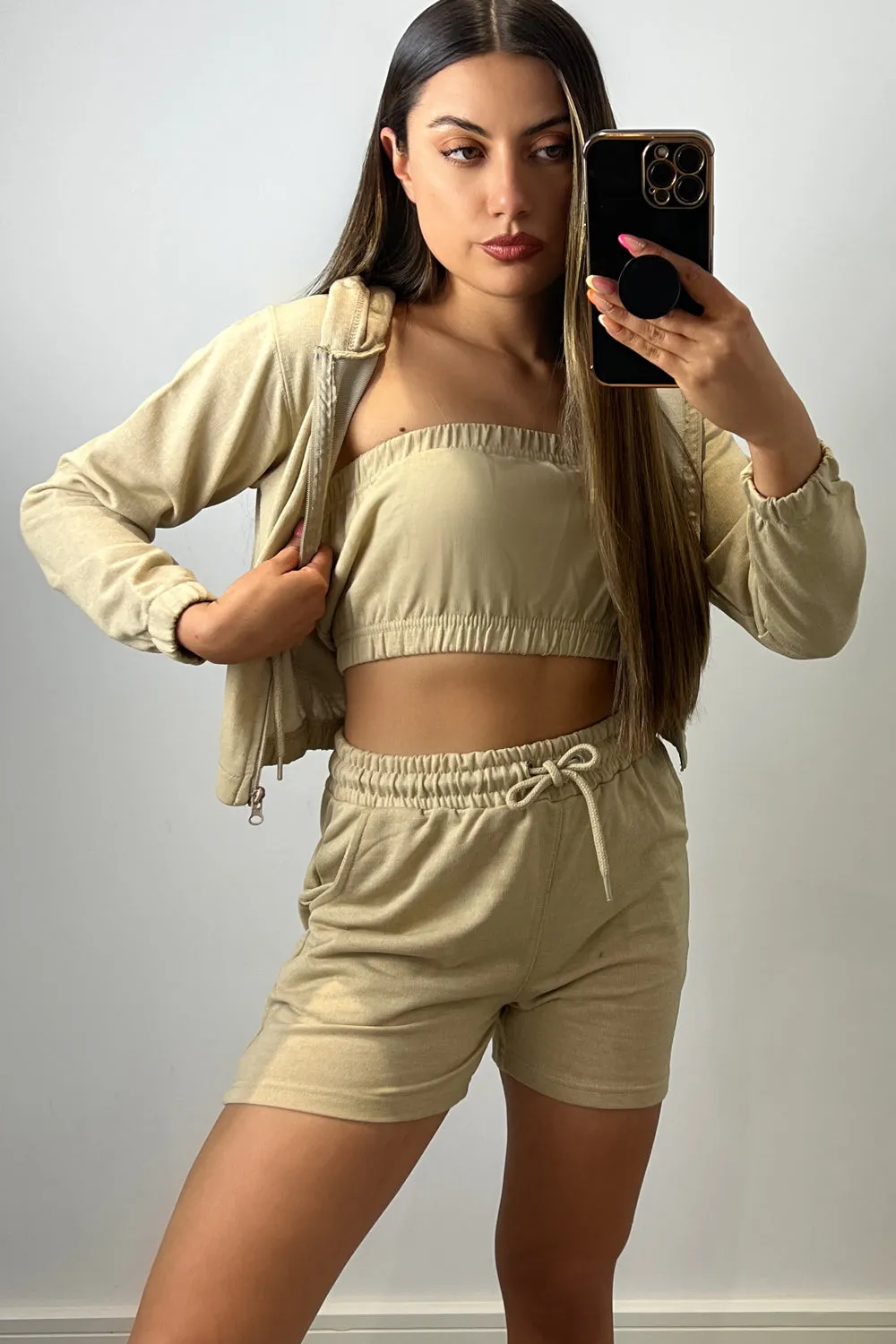 Chantel Beige 3 Piece Hoodie & Short Loungewear Set