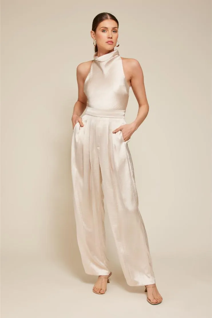 Cherie Pleated Satin Halter & Trousers (Sold Separately) - Champagne