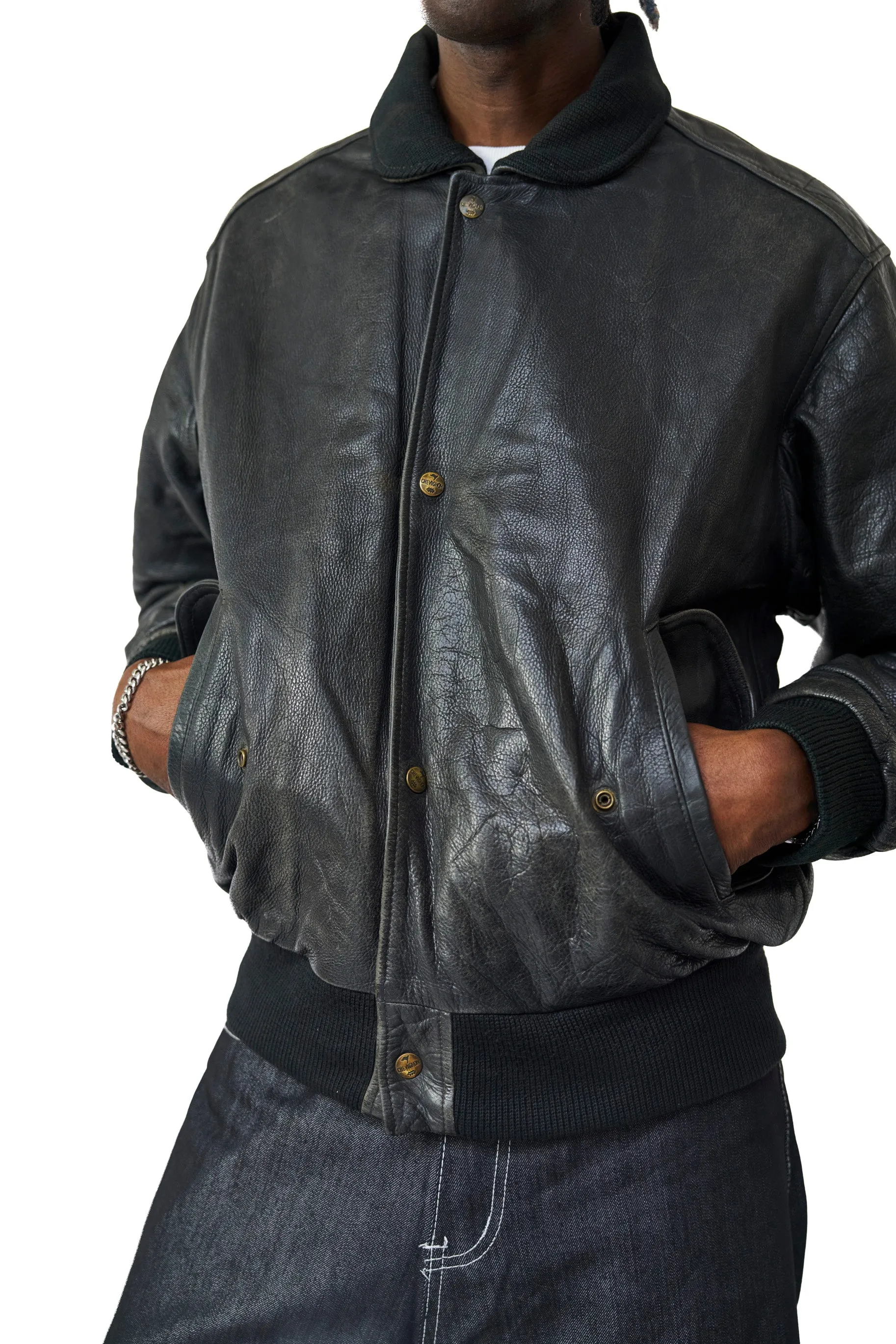 Chevignon Washed Black Classic Leather Bomber Jacket