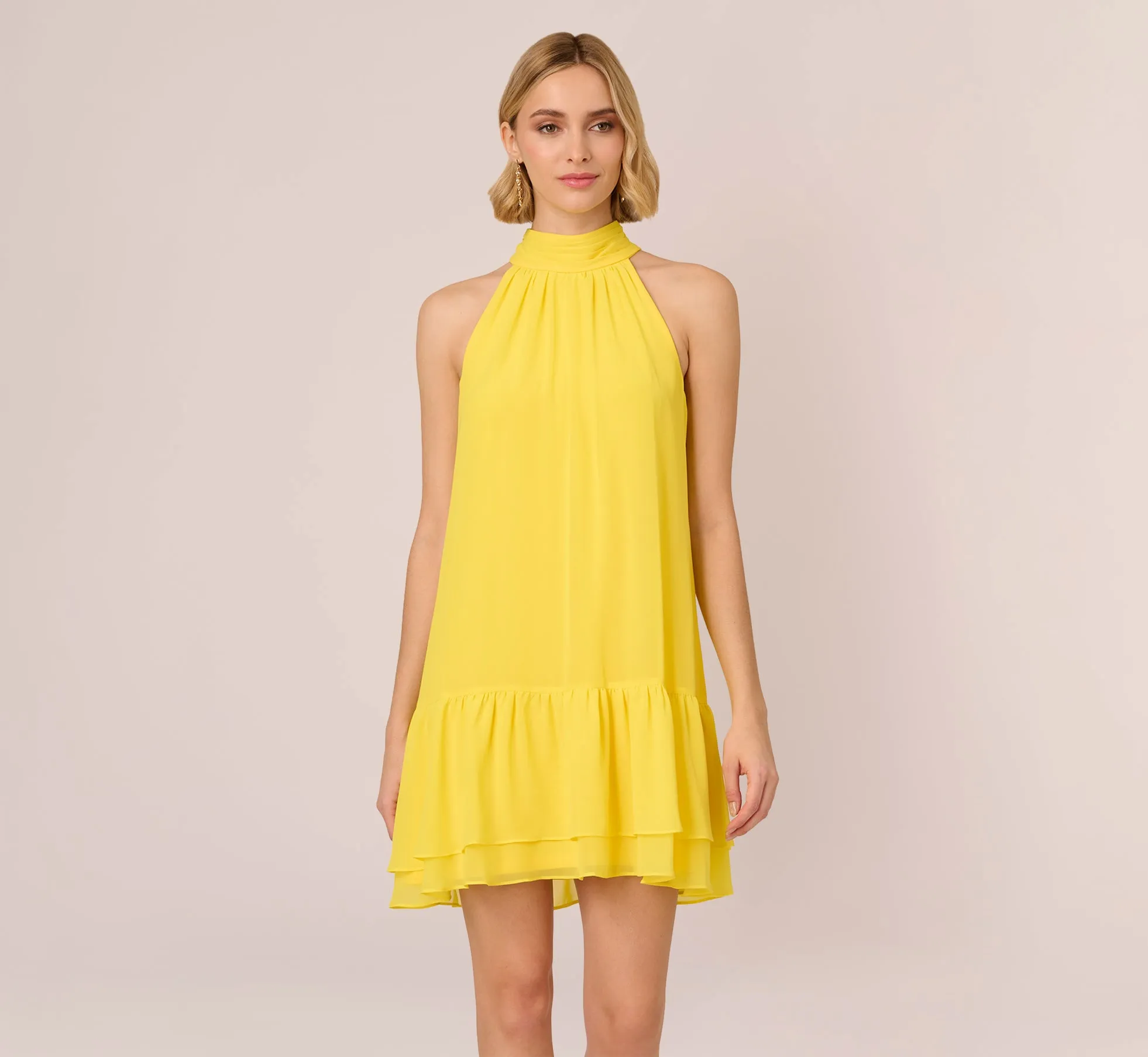 Chiffon Mock Neck Trapeze Dress With Flounce Hem In Hyper Yellow