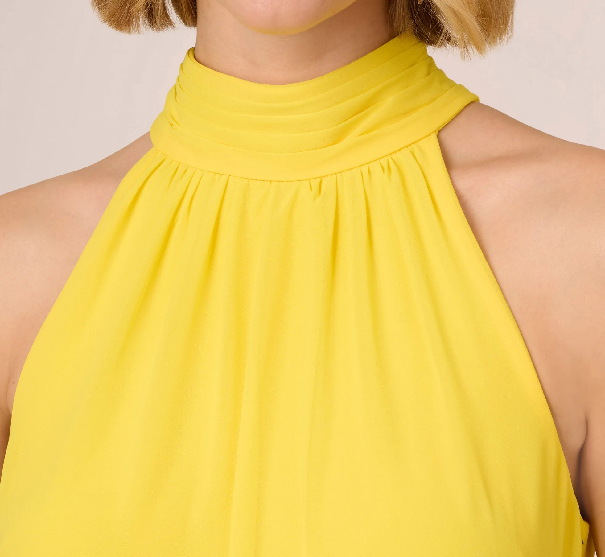 Chiffon Mock Neck Trapeze Dress With Flounce Hem In Hyper Yellow