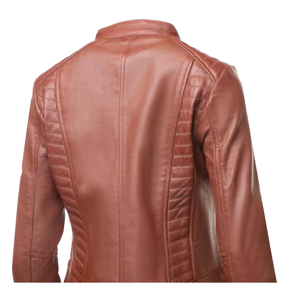 Claudia Sand Washed Leather Jacket With Rounded Collar