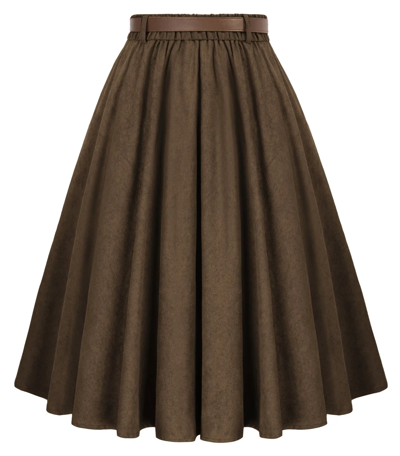 Corduroy Skirt with Belt Elastic High Waist Mid-Calf Swing Skirt