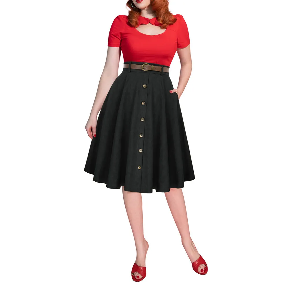 Corduroy Skirt with Belt Elastic High Waist Mid-Calf Swing Skirt