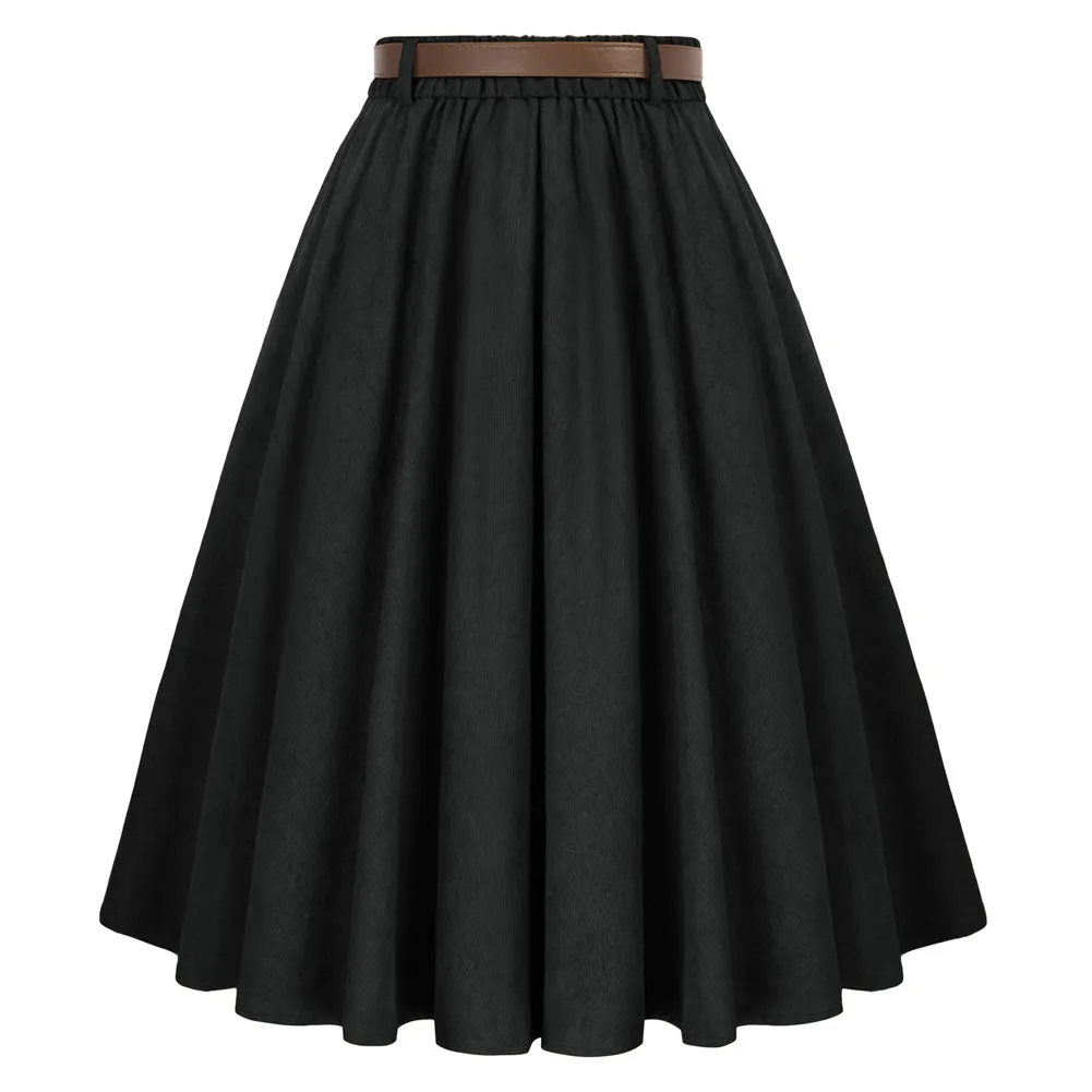 Corduroy Skirt with Belt Elastic High Waist Mid-Calf Swing Skirt